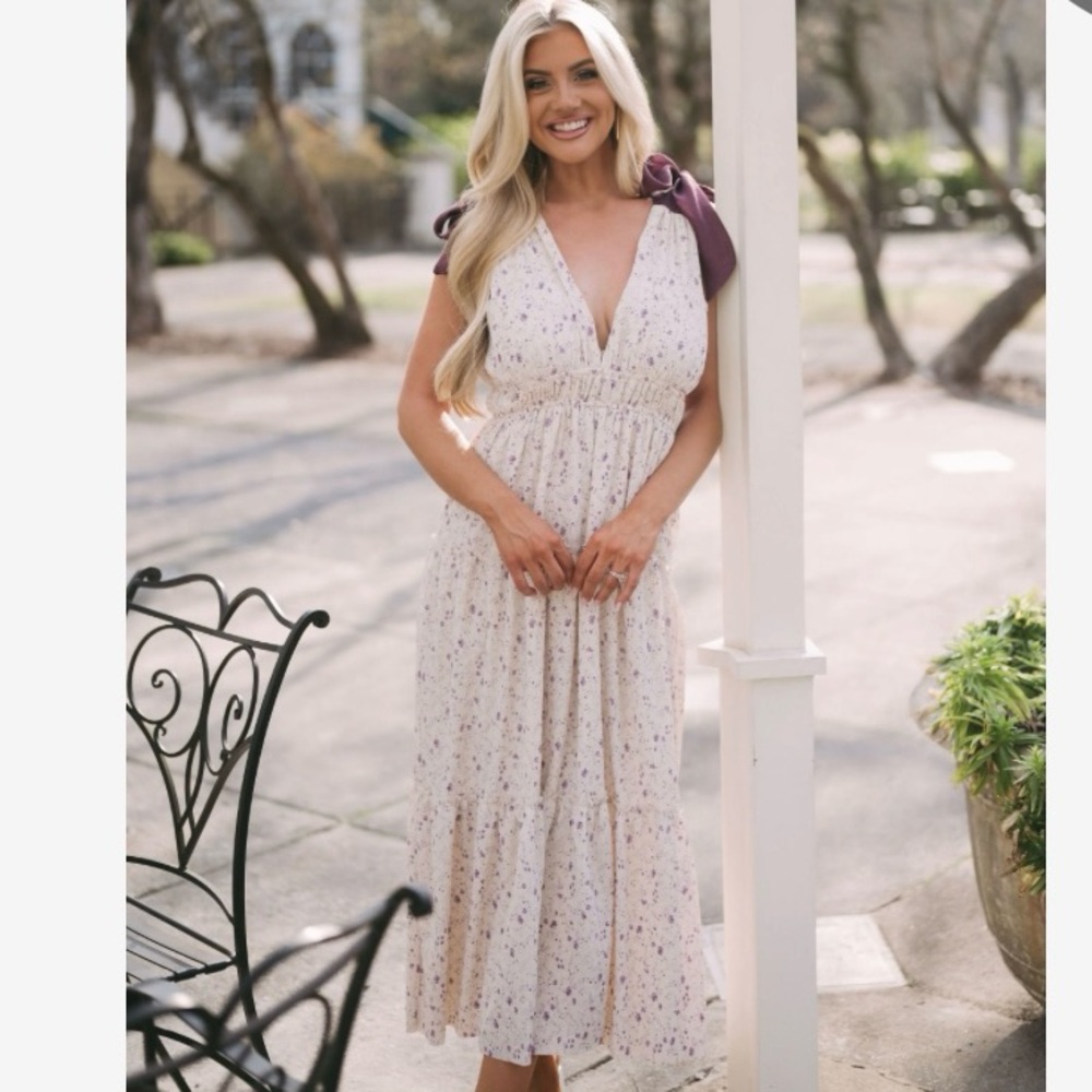 Storia Cream and Purple Floral Maxi Dress with Shoulder Ties